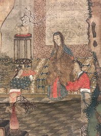 Een gesigneerde Chinese rolschildering op zijde met een tuinsc&egrave;ne, 18/19e eeuw
